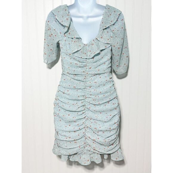 ASTR The Label Womens Ditsy Floral Ruffle Neck Ruched Mini Dress Teal Blue Small - Picture 5 of 11